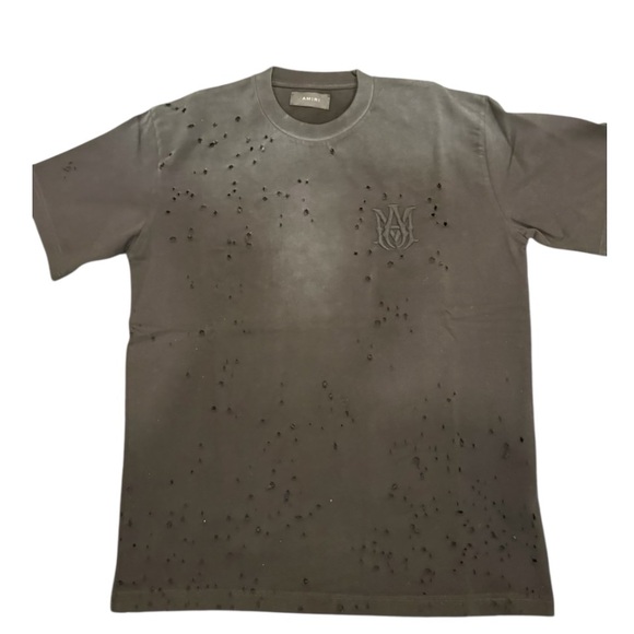 Amiri Men’s Distressed Destroyed Hole Logo Embroidered T-Shirt Black Size Small - Picture 1 of 6